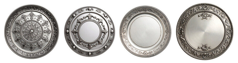 Fototapeta premium Round silver metal plate with intricate floral design on transparent background