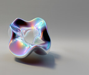 Futuristic abstract shape with a fluid, design reflects iridescent rainbow hues, set against a gray background. Modern neon, copy space backdrop