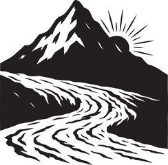 Majestic Mountain Peak and Winding River A Black and White Landscape Illustration