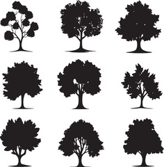 Black vector illustrations of tree silhouettes in a clean, simple design.