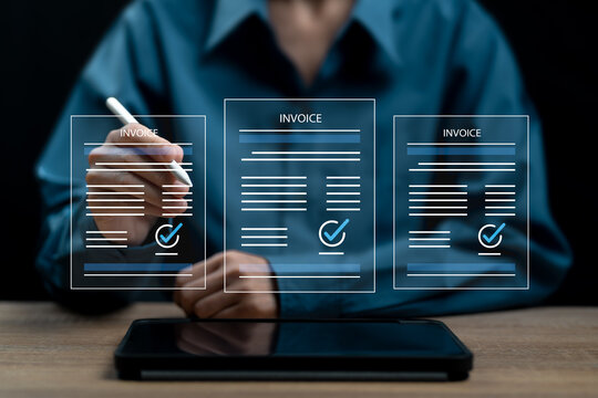 E-Invoice approved and online digital statements concept, Businesswomen sign the invoice document, and approve payment, Receiving payments, E-statements. Payment Management of the company