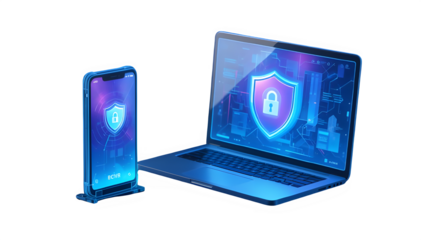 Digital security concept with a glowing shield and padlock on a laptop and smartphone