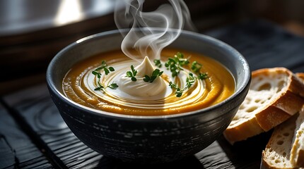 A captivating ultra realistic food photo highlights creamy pumpkin soup with exquisite cream swirl and fresh herbs, bathed in light on a dark wooden table, creating an inviting autumn scene.