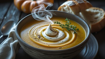 A hyper realistic, macro photo captures rustic creamy pumpkin soup, with ethereal steam curling, on a dark wooden table beside crusty bread, conveying cozy autumn essence.