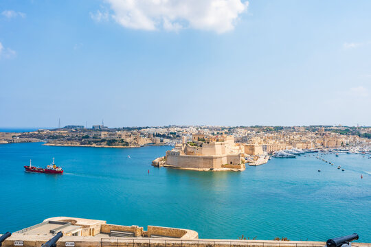 View of the Three Cities of Malta across the Grand Harbour in Valletta, Malta