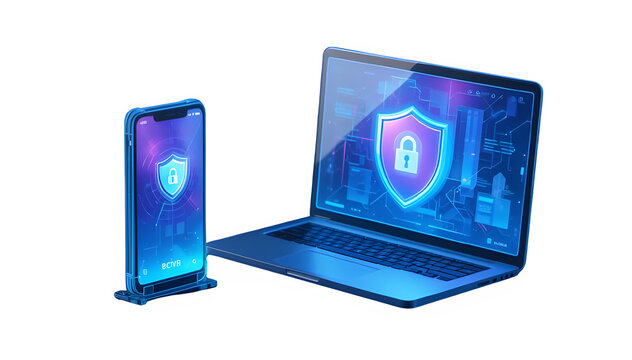Digital security concept with a glowing shield and padlock on a laptop and smartphone