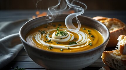 An inspiring macro food photography displays rustic pumpkin soup, with ethereal steam and fresh herbs, reflecting the cozy and inviting essence of autumn on a wooden table.