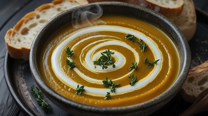 An ultra realistic, macro food photography captures rustic creamy pumpkin soup, highlighting intricate cream swirl, fresh herbs, and visible steam.