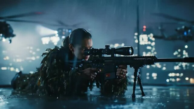 Female Sniper Aims in Urban Battlefield
