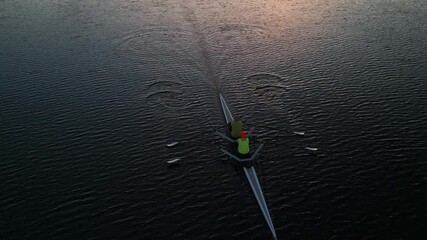 Drone View Captures A Rowing Team Synchronized In Motion As They Cut Through The Tranquil Waters Of Halifax Bay At Dawn In Nova Scotia, Canada, Surrounded By Stunning Natural Beauty. - Powered by Adobe