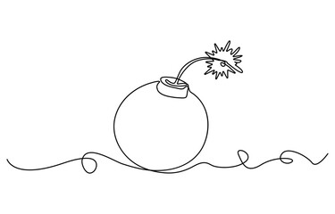 Bomb continuous one line drawing. Hand drawn one line vector. Bomb one line art, hand drawn military supply, ammunition continuous contour. Dangerous explosive device. Editable stroke.
