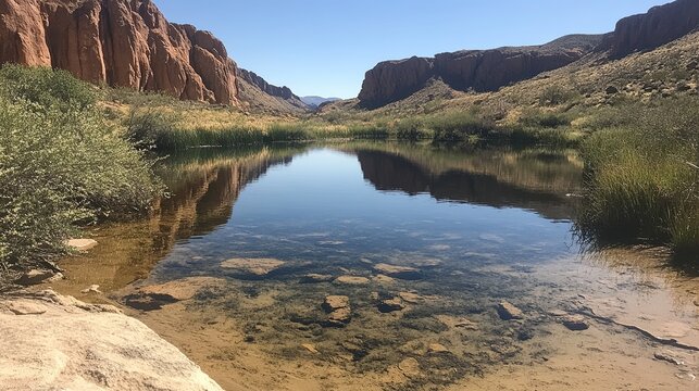 St. Elmo River Arizona: Brown Mountain Reflections in Clear Blue Water with Lateral Sunlight on Serene Desert River.