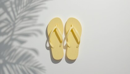 Pair of bright yellow flip-flops on a plain background.
