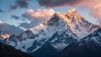 Fototapeta premium Snowy Mountain Range at Sunrise with Dramatic Clouds – Golden Light on Jagged Peaks Under Pink and Blue Sky