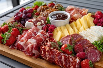 Beautifully arranged charcuterie board featuring meats, cheeses, and fresh fruits for a gathering