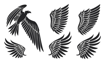 Collection of stylized eagle and wing silhouettes for design elements