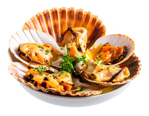 Exquisite seafood appetizer featuring perfectly cooked mussels and scallops presented beautifully in their natural