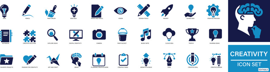 Creative icon set featuring idea, lightbulb, imagination, innovation, brainstorming, design, inspiration, and artistic symbols for projects and apps.