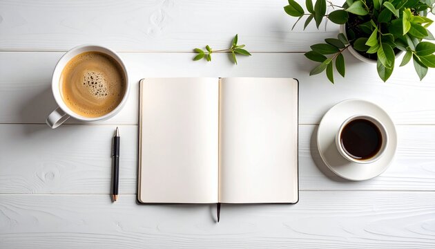 Escritorio de madera blanca con bloc de notas, caf&eacute; y planta