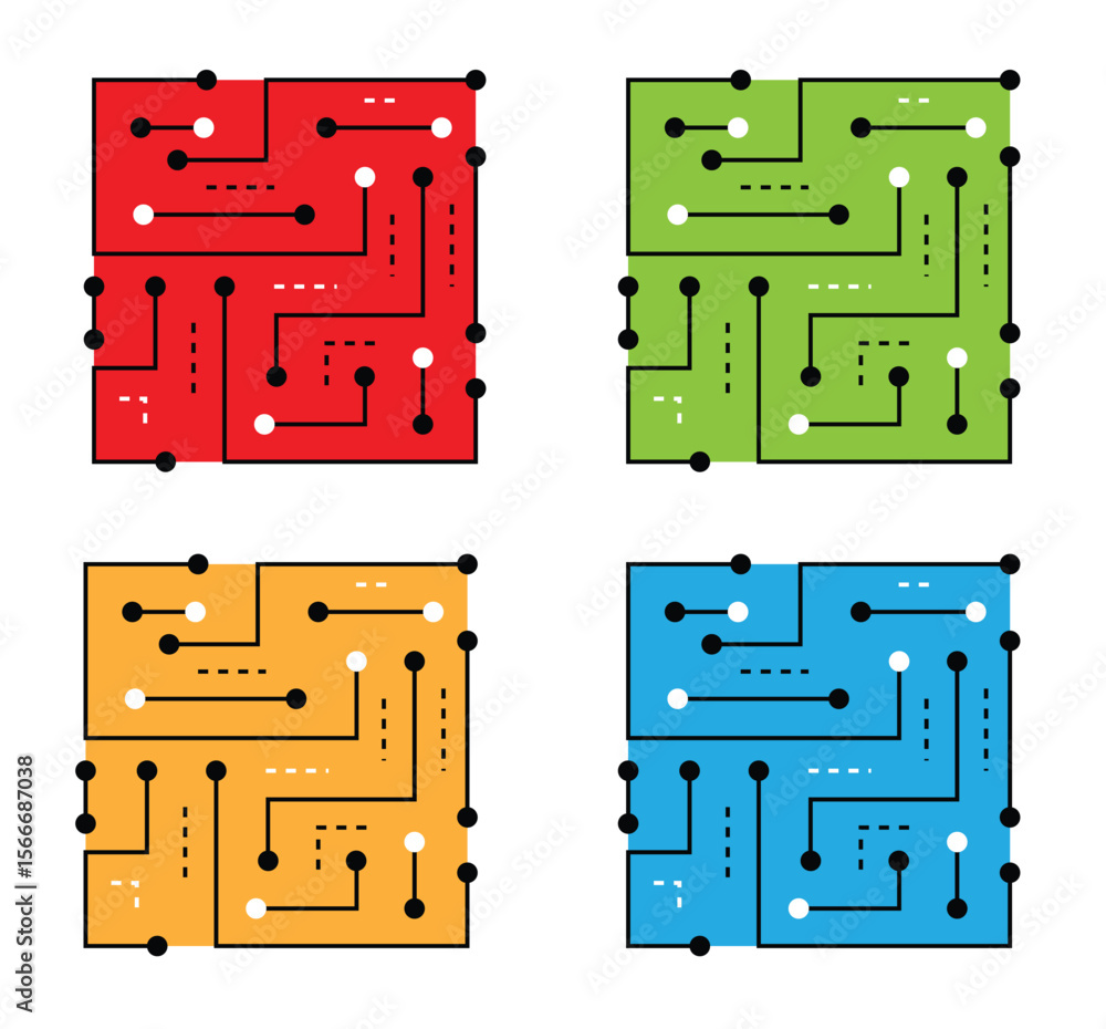 Poster electricity circuit microscheme abstract square line art different colors. technology and electronic