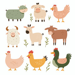 Fototapeta premium Playful flat farm animal clipart set featuring cute cartoon cow, pig, sheep, chicken and duck in soft earthy colors for packaging, nursery decor and printable crafts