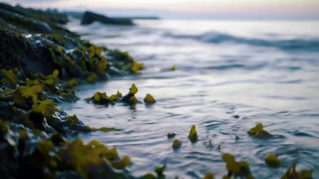 ocean waves cascading over a seaweed and rocks