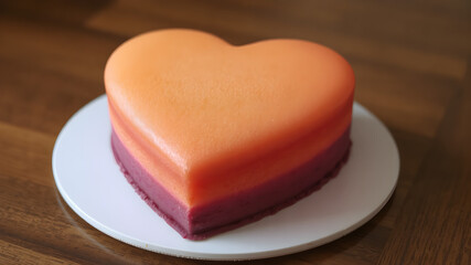 A heart-shaped cake with a sunset gradient from deep purple at the base to fiery orange at the top, mimicking a sunset