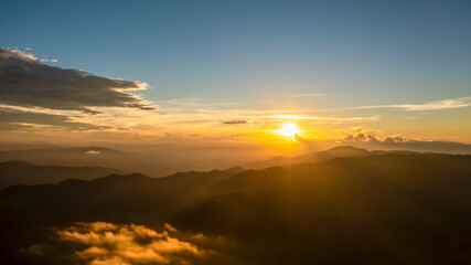 Beautiful aerial view with sunrise over the mountain in morning,