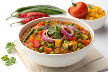 Delicious mixed vegetable curry presented in a white bowl alongside fresh ingredients