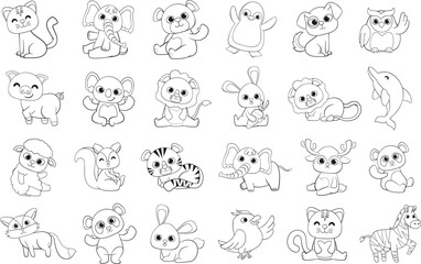Cute Adorable Animal Characters Outline Drawing Cartoon Illustration Collection