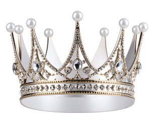 An exquisite regal crown adorned with shimmering jewels and lustrous pearls symbolizes power and prestige.