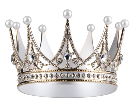 An exquisite regal crown adorned with shimmering jewels and lustrous pearls symbolizes power and prestige.
