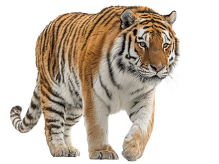 Fototapeta premium A powerful tiger confidently strides forward, showcasing its impressive size and distinctive striped pattern.