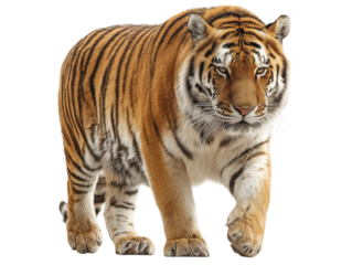 A regal tiger strides confidently forward, its striking striped coat and piercing gaze commanding attention