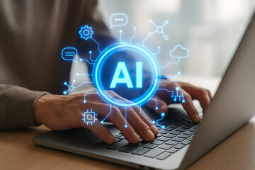 Hands typing on a laptop with a vibrant AI holographic display surrounded by connected tech icons, signifying advanced artificial intelligence and technological integration