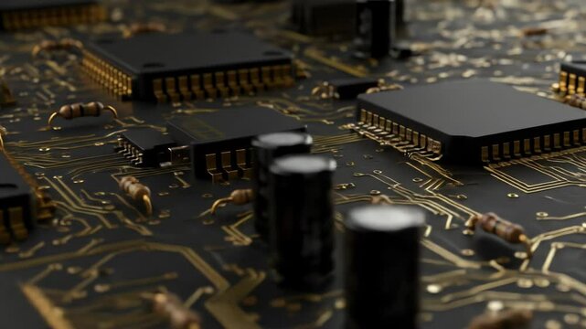 Closeup of Computer Microchips and Circuit Boards Showing Electronic Components and Connections