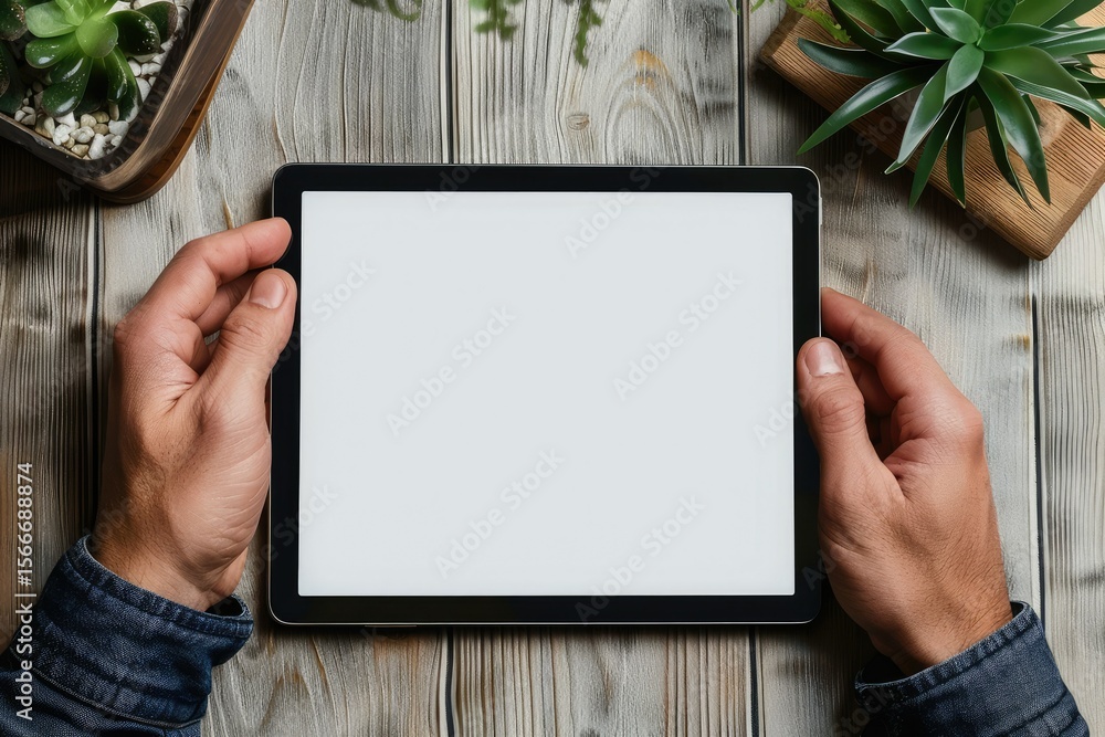 Poster high detail image of hands holding tablet touch computer gadget with isolated screen