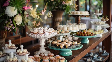 Retro-style Coffee and Dessert Table Arrangement: A Nostalgic Journey Through Vintage Elegance, Timeless Flavors, and Artistic Presentation for Themed Events, Weddings, and Retro-inspired Gatherings