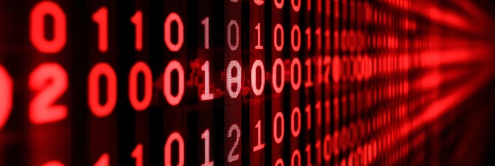 digital data stream with red binary code for technology and cybersecurity concept