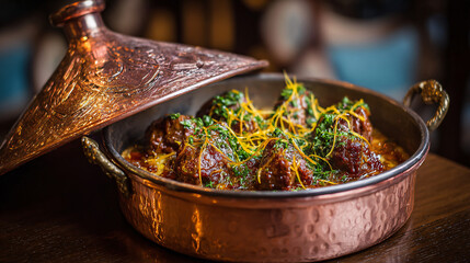 Moroccan Tagine with Spiced Meatballs in Copper Pot Garnished with Herbs and Citrus
