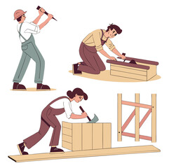 Carpenters with different tools. Woodworking. Making wooden furniture. Creating wooden structures. Vector illustrations