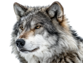 A close-up portrait of a powerful gray wolf