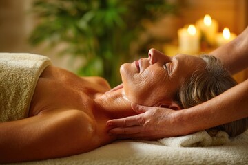 Senior woman enjoying spa neck massage
