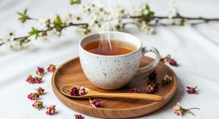 Fototapeta premium Serene morning tea steaming in speckled cup on wooden tray with dried rosebuds and blossoming branches