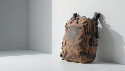 Brown backpack with decorative print.