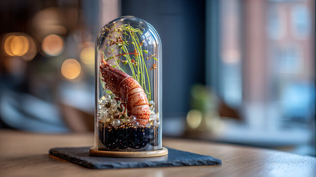 Lobster and Caviar Art Installation in Glass Cloch on Wooden Table