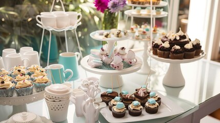 Retro-style Coffee and Dessert Table Arrangement: A Nostalgic Journey Through Vintage Elegance, Timeless Flavors, and Artistic Presentation for Themed Events, Weddings, and Retro-inspired Gatherings