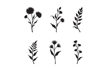 Collection of six black silhouette floral and leafy branch designs
