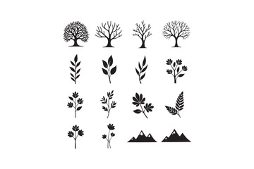 Collection of black silhouette nature icons including trees leaves flowers and mountains