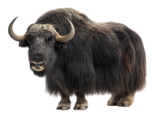 A close-up shot captures a majestic yak, showcasing its thick, shaggy coat and impressive horns